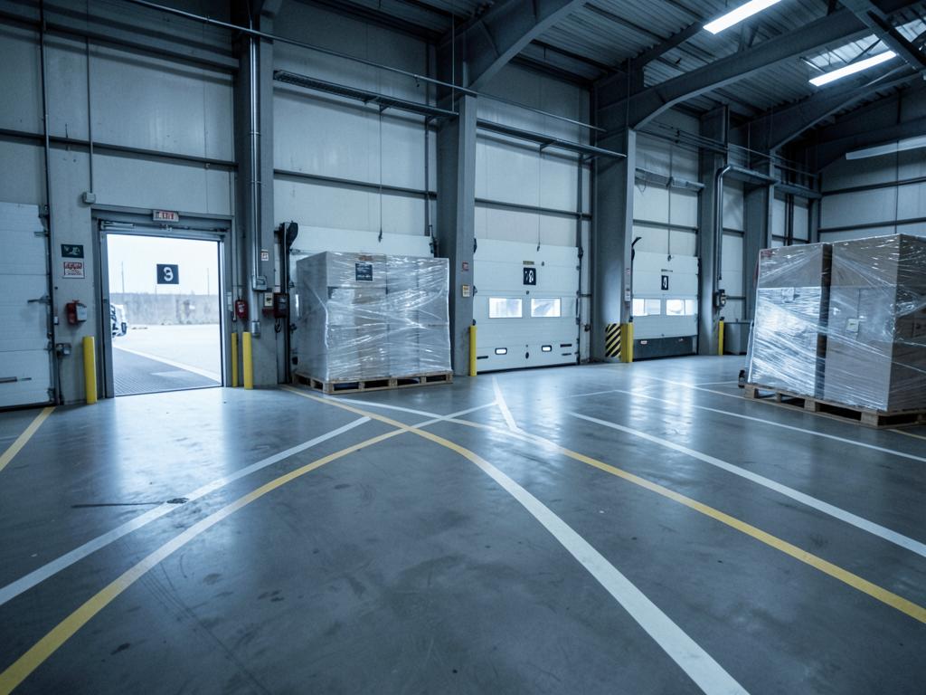 Warehouse loading dock with numbered doors and wrapped pallets