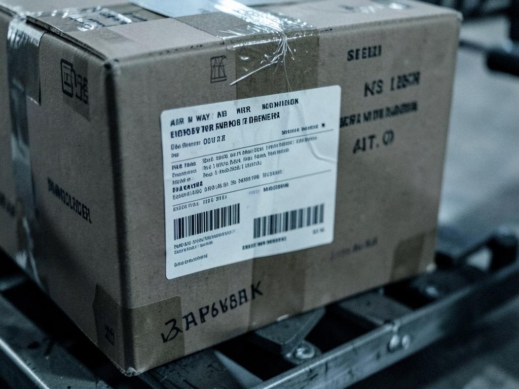 Air waybill label and barcode on a wrapped air cargo carton