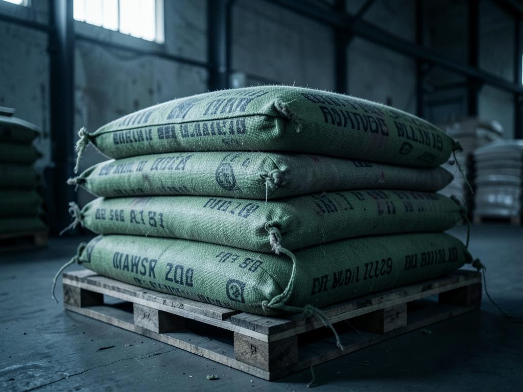 Stacked jute sacks of green coffee on a pallet in a warehouse